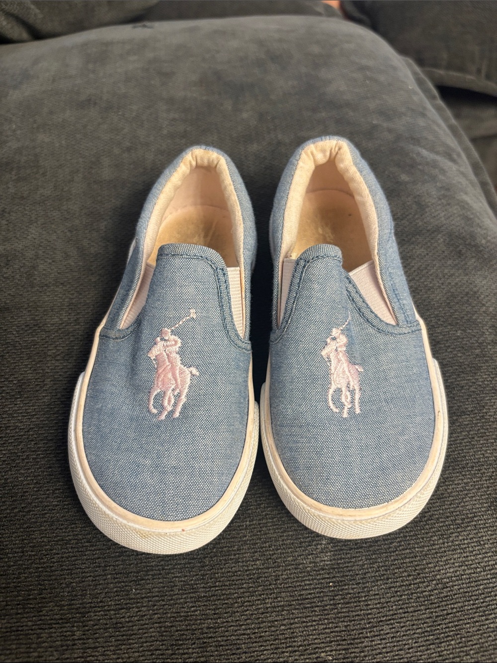 Ralph Lauren Kids Denim Blue Slip-On Sneakers with Pink Polo Logo